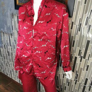 LINGERIE CACIQUE Satiny Pajamas Large 1 Pocket Red Bow Ties 2 Piece Set 0356 Sat
